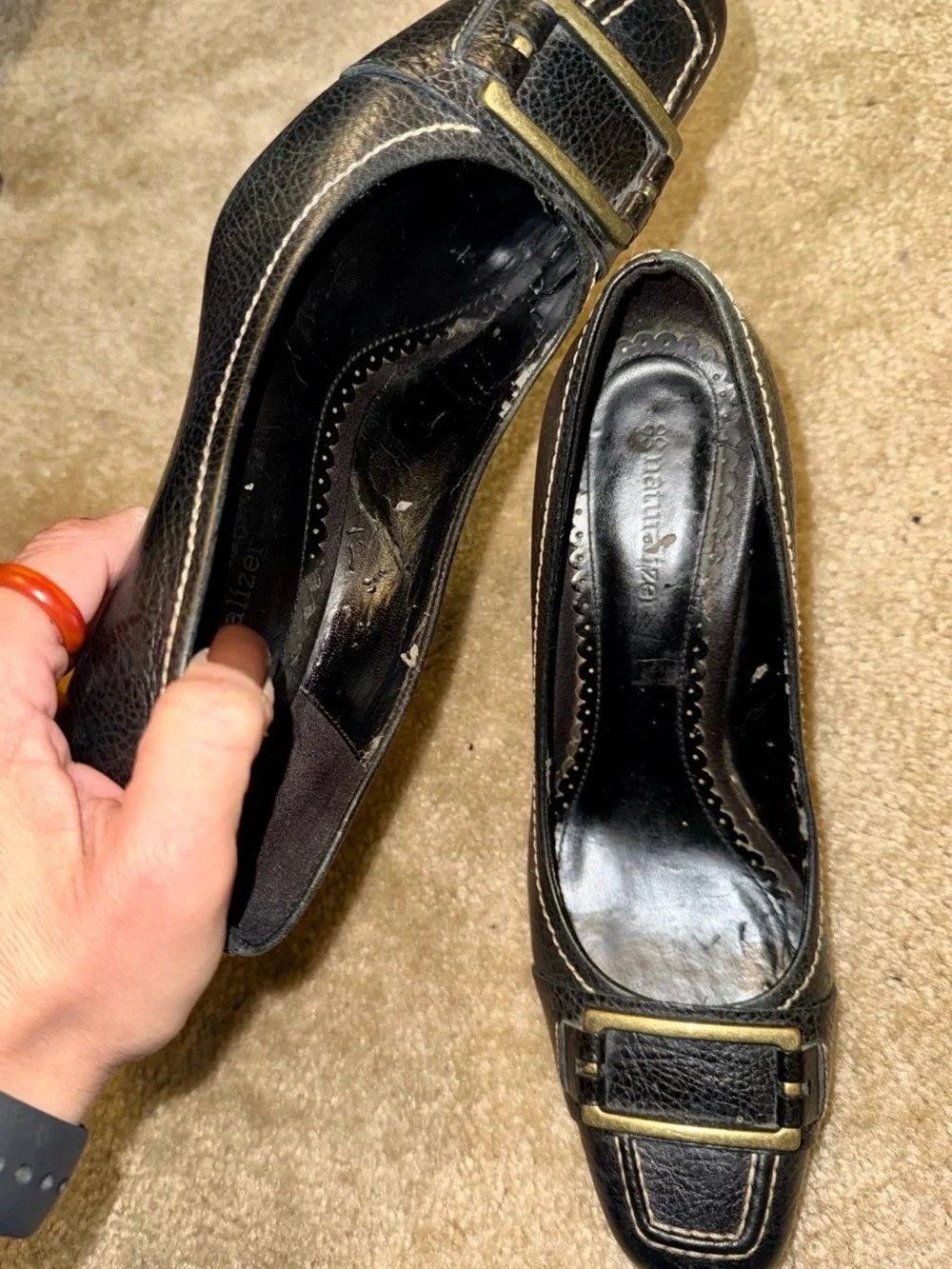 Naturalizer Black Leather Pumps with Gold Buckle Accent
